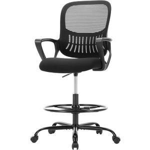 Sweetcrispy Home Office Drafting Chair - Ergonomic High Stool Computer with Adjustable Height and Comfy Lumbar Support, Tall Rolling Task for Standing Desk with Fixed Arm and Footrest, Dark Black