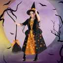 Witch Halloween Costumes for Girls, Light Up Dress with Broom and Hat, Kids Costume Glow in the Dark for Halloween Party (Medium, Orange)