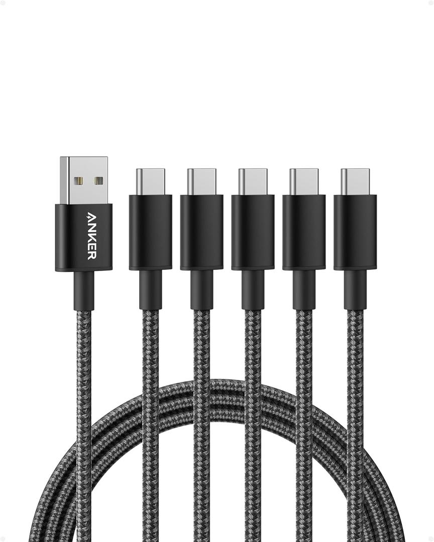 Anker Cable [5 Pack, 6FT], USB A to USB C Cable for iPhone 17 Series,Samsung Galaxy S10 S10+, LG V30, Beats Fit Pro and More (Black)