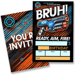 Brun Birthday Party Invitations Supplies with Envelopes Set of 20 Blaster Fight Theme Birthday Invites for Boys Fill in Blank, Double Sided