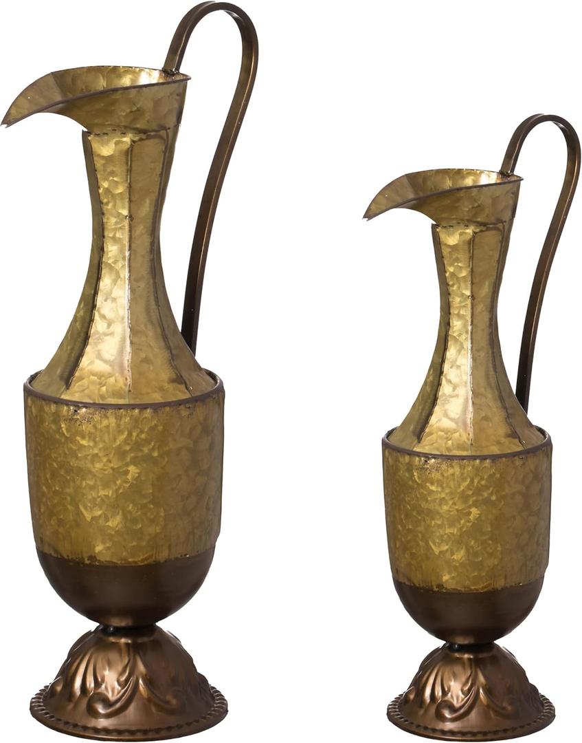 Decorative Antique Style 1 Handle Metal Jug Floor Vase - 20.75 in Tall Vintage Inspired Rustic Design for Entryway, Living Room, or Dining Room - Ideal for Flower Arrangements, Greenery (Set of 2)