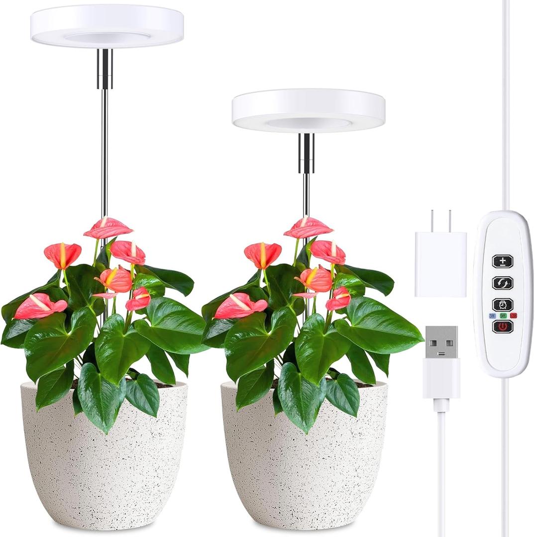 2 Pack LED Grow Lights for Indoor Plants, Full Spectrum Plant Light with Adjustable Height 7.8"-26", 3 Colors 5 Dimmable, Auto Timer 3/9/12H, Plant Growing Lamps with Succulents Herbs