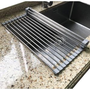 Tomorotec Roll Up Dish Drying Rack, Over The Sink Dish Drying Rack, Portable Stainless Steel Rolling Rack Multipurpose Kitchen Drainer Caddy Organizer Storage Shelf Holder, Gray
