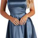 ODIZLI Women's Satin Square Neck Spaghetti Straps Tie Back Ruffle Mini Dress Party Dress (Small, Navy Blue)