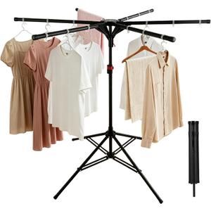 Foldable Clothes Drying Rack, 6 Rod Umbrella Style Height Adjustable Carbon Steel Laundry Stand with 40 Windproof Hooks, Collapsible Space Saving Tripod Garment Dryer for Indoor Backyard Outdoor, One Size