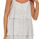 Women's Glitter Sequin Dress Adjustable Spaghetti Strap V Neck Fashion Sparkle Layered Evening Party Dress (White, L)
