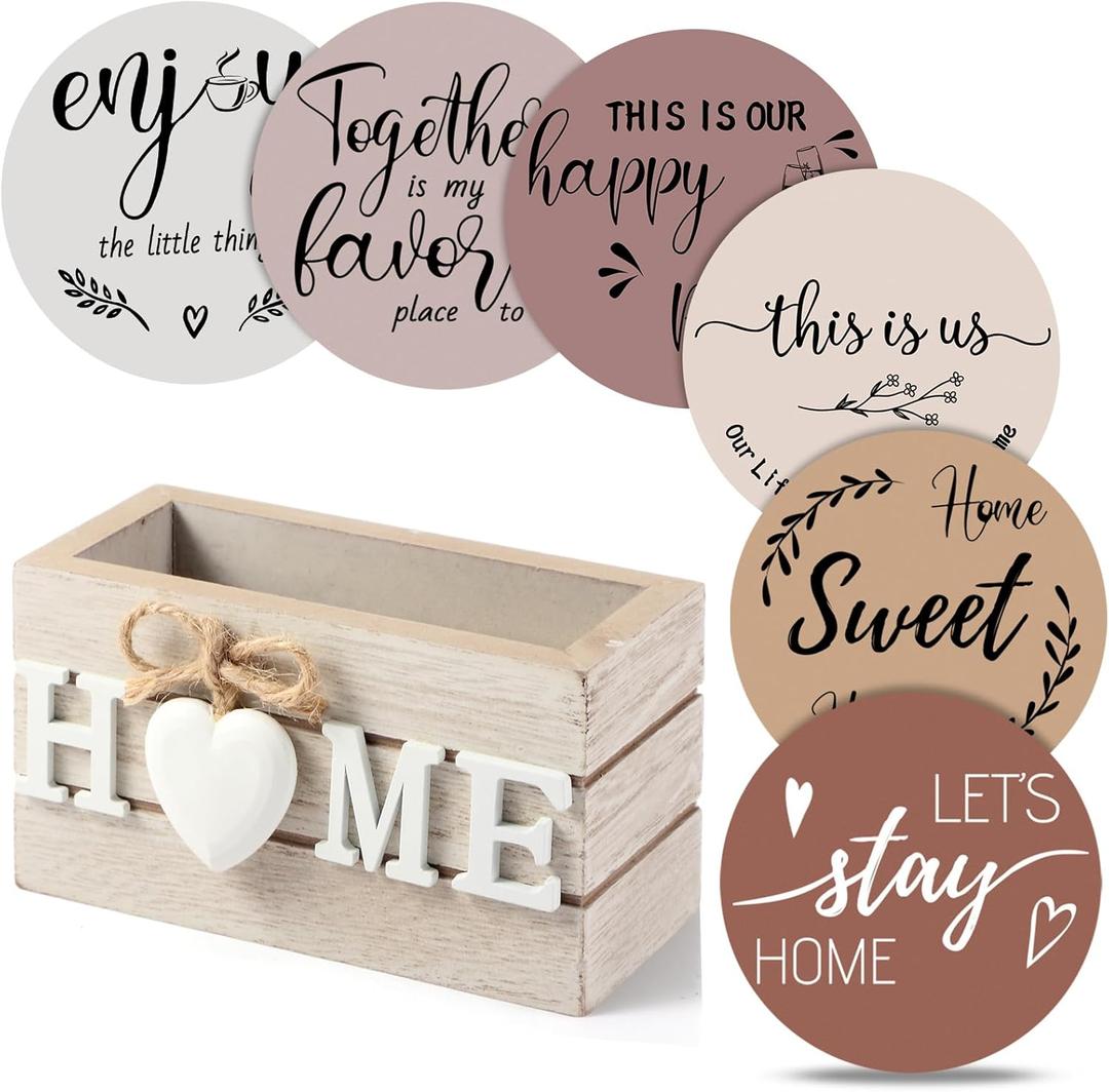 Queekay Coasters Set of 6 House Warming Gifts New Home Wooden Farmhouse Drink Coasters with Holder 4'' Funny Decoration for Kitchen Family Coffee Bar Tabletop Protection(Light Brown)