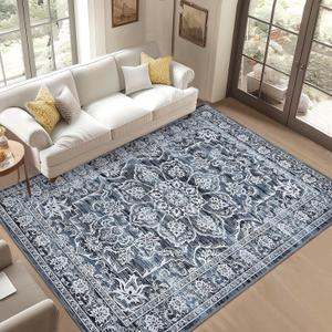 CAROMIO 10x13 Washable Area Rug, Soft Low Pile Large Area Rug with Non-Slip Backing, Vintage Distressed Rugs for Living Room Bedroom Dining Room, Navy Blue