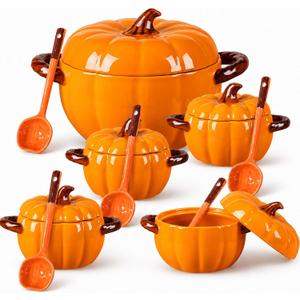 Set of 5 Ceramic Pumpkin Bowls, Pumpkin-Shaped Soup Serving Pot Storage Jar with Lid and Spoon for Baking, Fall, Thanksgiving, Halloween Party, Kitchen, Dessert, Decoration, 17 Oz & 54 Oz