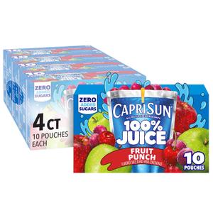 Capri Sun 100% Juice Fruit Punch Naturally Flavored Juice Blend, 40 ct Pack, 4 Boxes of 10 Pouches (EXP 10/23/26)
