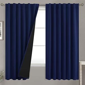 BGment Navy Blue 100% Blackout Curtains 63 Inches Long with Reducing Noise Liner, Rod Pocket and Back Tab Double Layer Full Room Darkening Window Curtain for Bedroom, 2 Panels, Each 52 x 63 Inch