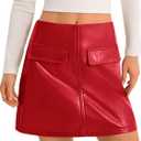 Yousify Womens Faux Leather Mini Skirts High Waisted A-Line Fall Short Skirt with Pockets (Red)