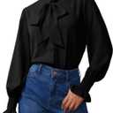Neweek Chiffon Blouses for Women Bow Tie Neck Long Sleeve Dressy Casual Smocked Cuffed Shirts Office Work Blouse Elegant Tops (Large, Black)