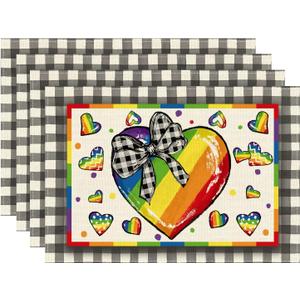 3 x XCHI Rainbow Love Heart LGBTQ Placemats Set of 4 Pride Day Inclusion Lesbian Gay Bisexual Transgender Queer Homosexual Equality Table Mats Decorations 12x18 Inch