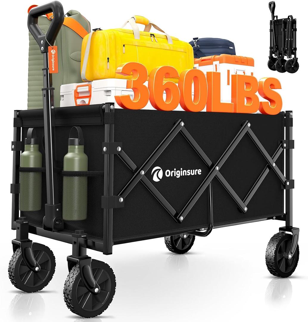 Originsure Collapsible Wagon Cart Foldable - Portable Heavy Duty Folding Beach Wagons with Wheels - Outdoor Utility Carts for Groceries, Shopping, Camping, Sports, Garden with Large Capacity - Black