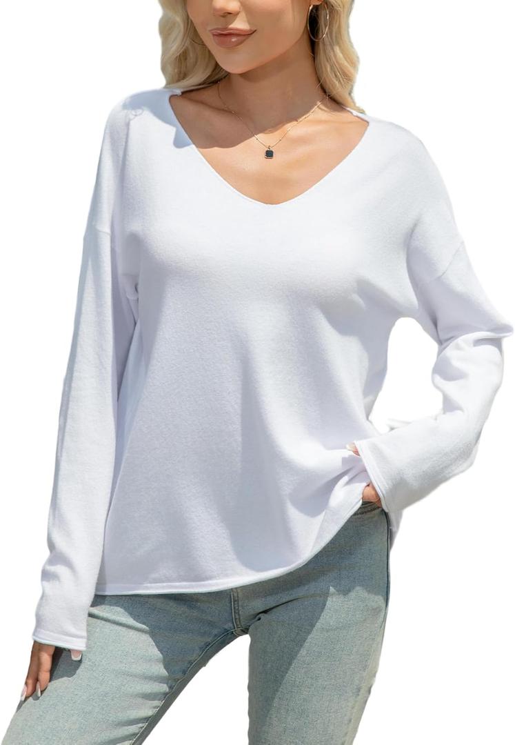 Women’s V Neck Knit Sweater Loose Fit Lightweight Pullover Long Sleeve Jumper Casual Fall Winter Tops (White/S) 