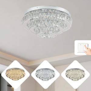 Modern 3-Tier Round Crystal Ceiling Light Fixture, 17.7 Inch Flush Mount Chandelier with 3 Color Temperatures (Warm/Neutral/White) Crystal Ceiling Lamp for Bedroom, Living Room, Hallway, Non-Dimmable (TX-Multi Color)
