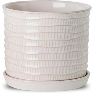 8 Inch Plant Pot: Ceramic Planter with Drainage Hole & Saucer for Indoor Outdoor Plants - Flowerpot with Bonded Tray for Home Office - Wave Embossed