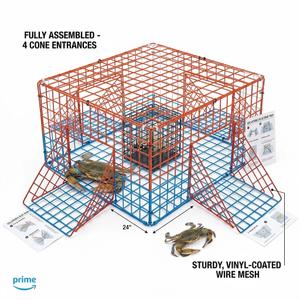 Folding Bridge Blue Crab Trap, Heavy-Duty Metal Wire Mesh Drop-Net, Collapsible Foldable Design, 15" x 15" x 7"