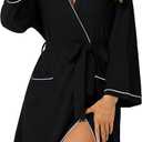 Womens Robe Knit Bathrobe Lightweight Kimono Robe for Women Soft Sleepwear Ladies Waffle Loungewear, Black, XL