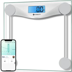 Etekcity Bathroom Scale for Body Weight and BMI, Upgraded Bluetooth Digital Scale, Large Blue LCD Backlight Display, High Precision Measurements, 400 Pounds (11.9 x 11.9 inches, Satin Silver)