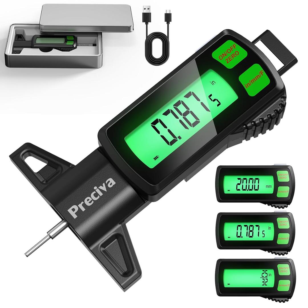 Preciva Rechargeable Tire Tread Depth Gauge, Touch Screen Digital Tire Depth Gauge with Lighting, in/MM/F Conversion, IP54 Waterproof, Auto Power Off, for Tread Depth, Brake Shoe and Pad Wear