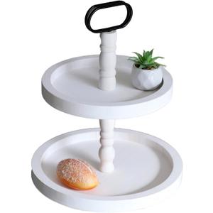 Rustic 2 Tiered Tray Decor, Coffee Color, Wooden Material, Round Shape (White)