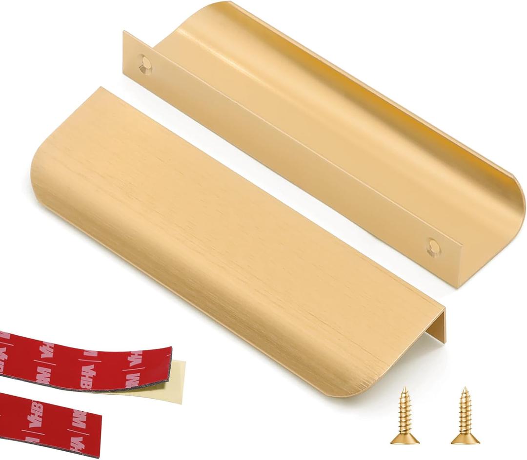10 Pack 5" (120mm) Overall Length Edge Finger Pull,Brushed Brass Concealed Kitchen Cabinet Handle,Top Mount Flat Cabinet Pulls for Cupboard Door Drawer,6814