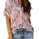 ANCAPELION Womens Summer Chiffon Blouse Casual Short Sleeve V Neck Shirt Loose Printed Cuffed Sleeve Tunic Tops for Women (Medium, Light Pink Printed)