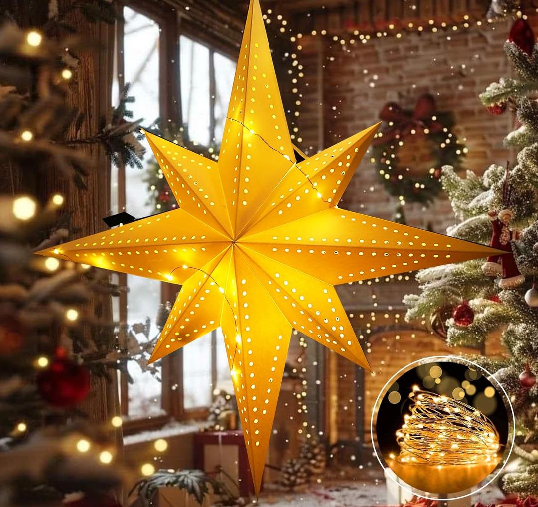 HOUSM 20" White Bethlehem Star Fold-Flat Christmas Star Lights Reusable Paper Lantern Lampeshade - Hanging Star Party Lantern Light with 1pcs Fairy Light String(30LED/1.5M)