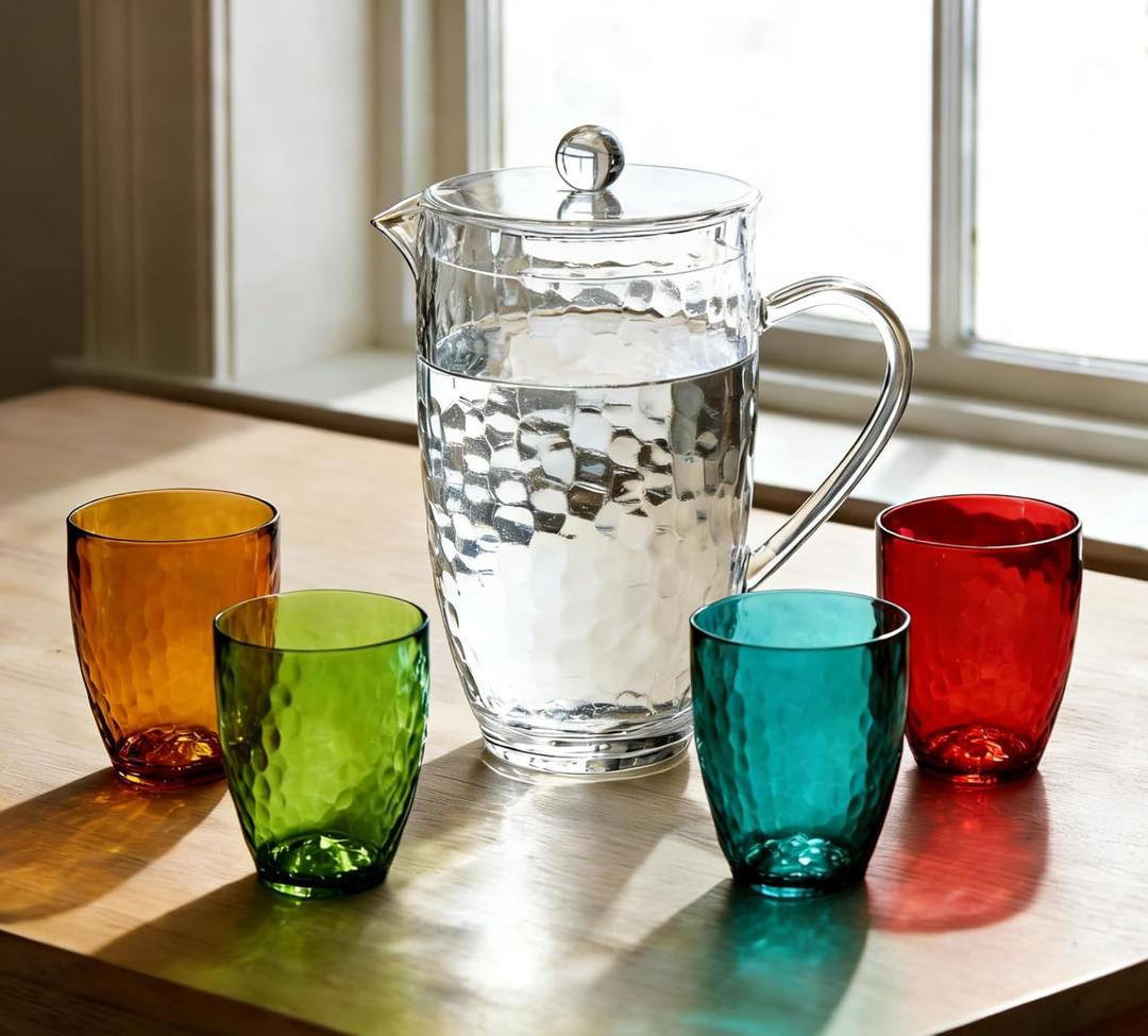 Pitcher with Lid and 4 Tumblers Set, 92oz Plastic Water Jug, BPA-Free Beverage Pitcher for Fridge, Large Drink Carafe for Party, Juice, Ice Tea, Sangria, Lemonade, (Set of 5 in Gift Box)