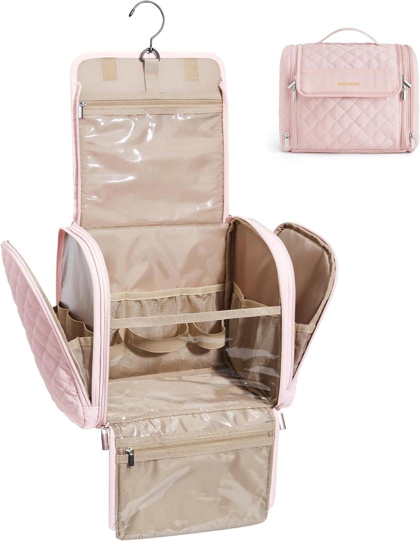 BAGSMART Travel Toiletry Bag, Large Capacity Cosmetic Bags for Women with Hanging Hook, Water-resistant for Toiletries Accessories Brushes Sponge, With Handle (Pink)