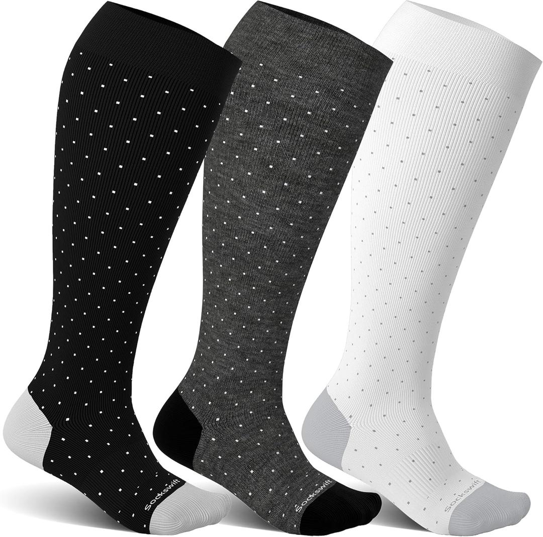 Bamboo Viscose Plus Size Compression Socks Wide Calf 15-20mmHg Knee High Sock for Nurses, Pregnant Women, Travel (3X-Large, 3 Pairs-polkadots1)