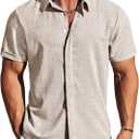 MAPICK Men's Linen Short Sleeve Button Down Shirt – Lightweight Breathable Summer Business Casual, Beach & Wedding Guest (Beige, L)