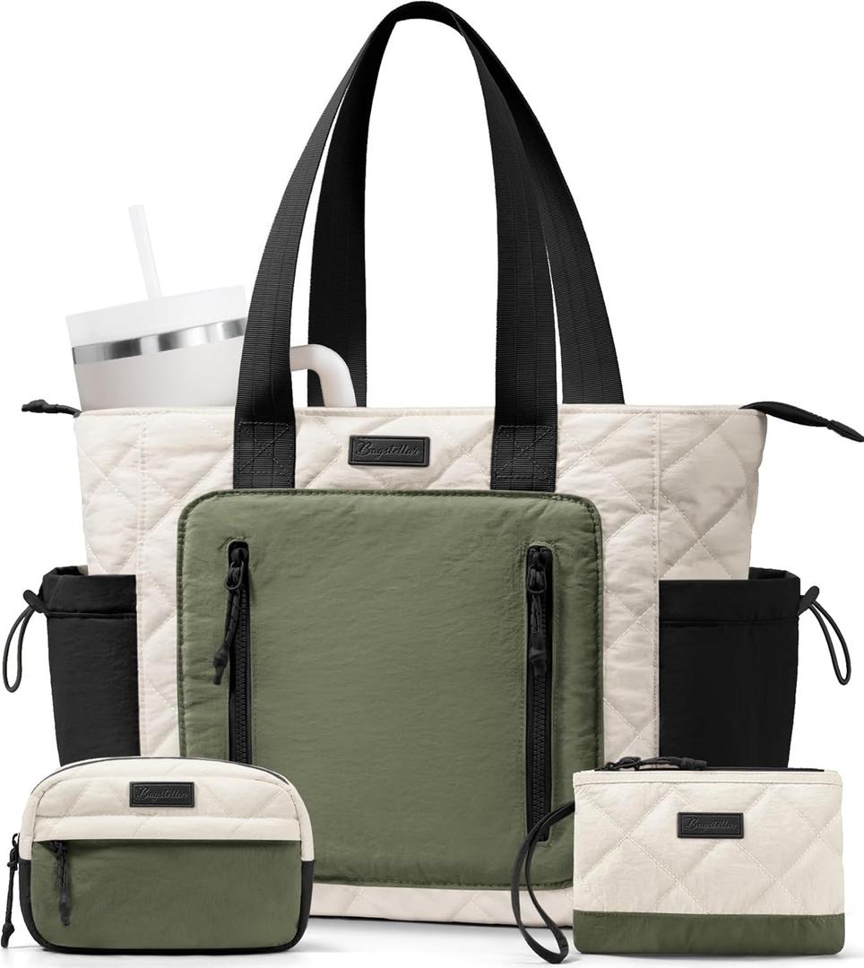 Bagstellar Puffer Tote Bag for Women, Lightweight Puffy Work Laptop Handbag Teacher Nurse Quilted School Daily Travel Gym Bag | Daily Carry On Bags, Comfy College Bags, 15.6" Computer Bag, Clinical Nursing Bag, 40 OZ Tumbler Holder, Ideal Gift for Women (Cream-green-black)