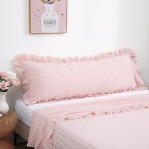 Blush White Plaid Body Pillow Cover with Ruffles 20x54 inches, 100% Cotton Rustic French Country Vintage Fall Pillow Shams for Bed/Sofa (20x54 inches, Blush/White Plaid)