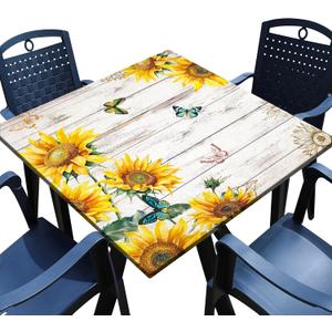 Sunflower Square Fitted Tablecloth with Elastic Edge Wood Texture Card Table Cover Waterproof Outdoor Table Cloth for Patio Kitchen Party Decor Fits for 34" x 34" Square Table