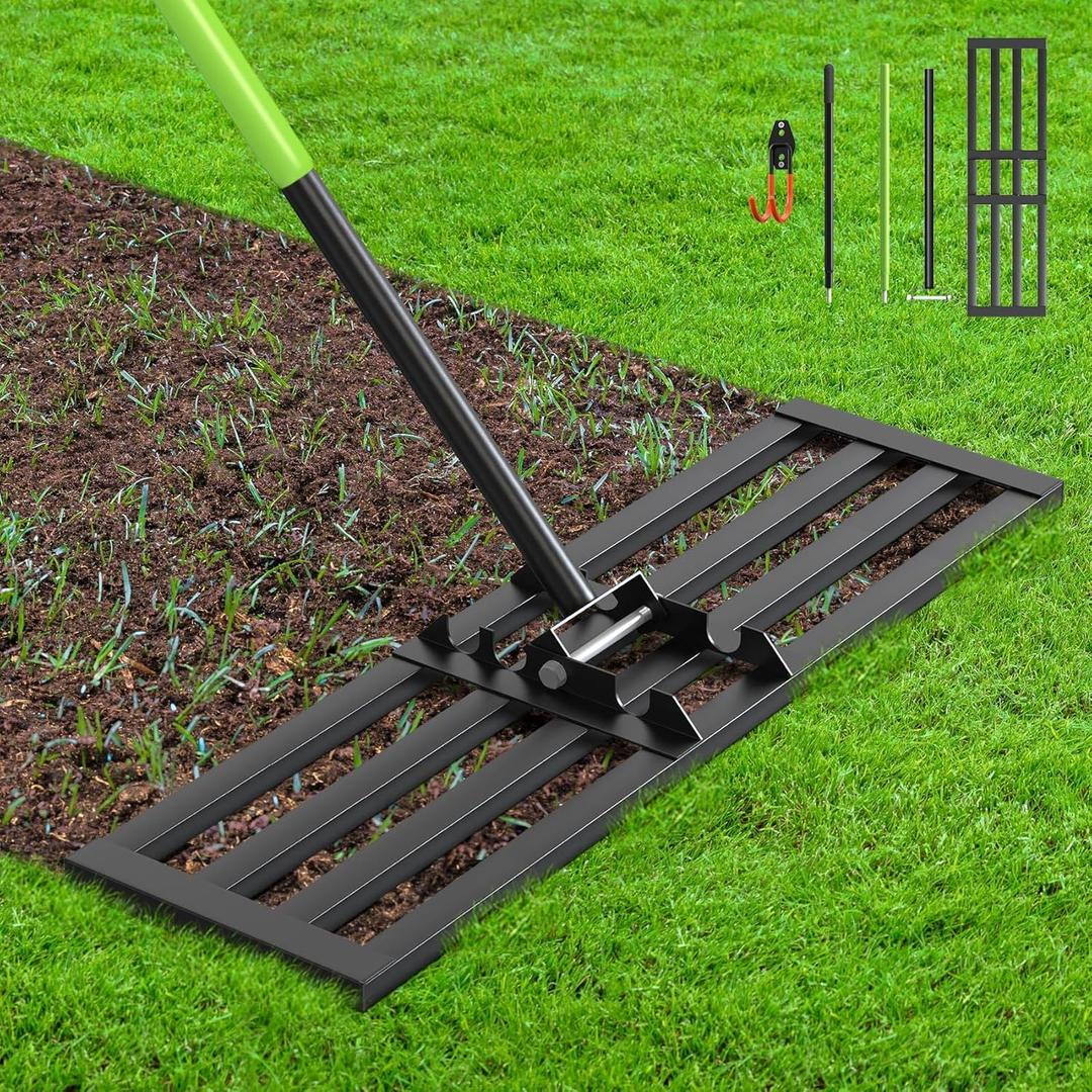 Seeutek Lawn Leveling Rake, 35 x 10 Lawn Leveler with 6.5FT Stainless Steel Handle Rakes for Lawns, 0-180 Adjustable Ground Leveler Tool for Yard, Level Soil Sand Dirt Surfaces