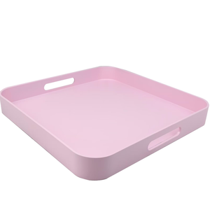 Square Pink Decorative Serving Tray with Handles, Versatile Ottoman Tray for Coffee Table, Entertaining, Outdoor Patio, Living Room, 13”*13”*1.6”