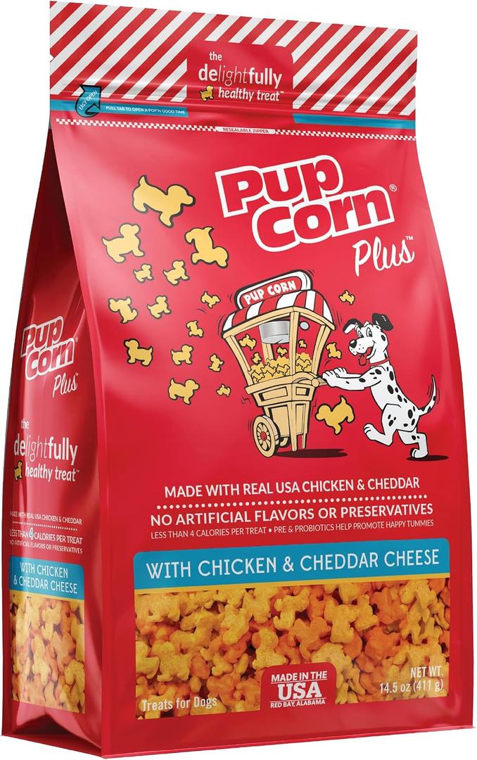 Pup Corn Plus - Puffed Dog Treats with Prebiotics and Probiotics - Chicken & Cheddar Cheese (14.5oz) - Made in USA, EXP: 05/28/2027