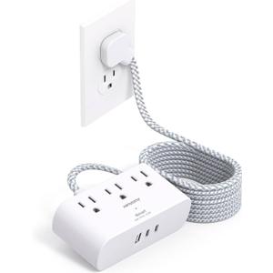 Extension Cord 15 Ft, HANYCONY Ultra Thin Flat Plug Power Strip with 3 Outlets 3 USB Ports (2 USB C), Wall Mount, Multi Plug Outlet Extender Desk Charging Station for Travel Dorm Room Essentials (White)