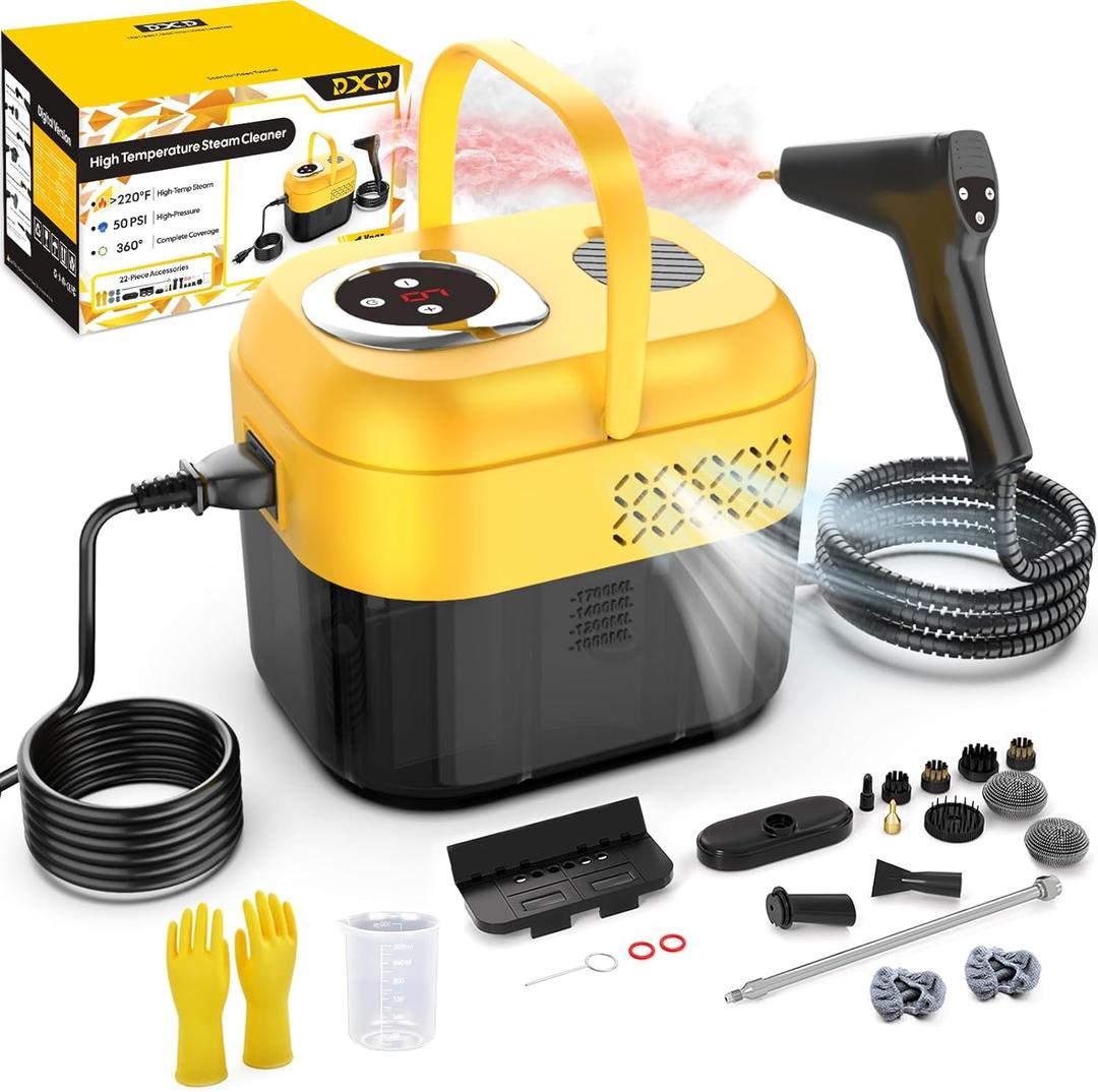 DXD Handheld Steam Cleaner,New Generation 2500W High Pressure Steam Cleaner for Home,1700ML Large Tank Portable Steamer for Cleaning,10s Rapid Heating,21pcs Accessories,for Car,Home Grease Detailing, Yellow