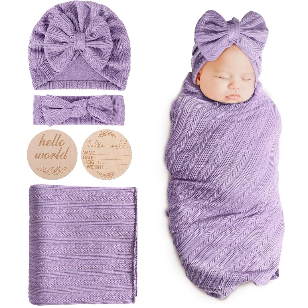 DRESHOW BQUBO Baby Swaddle Blankets for Girls, 4PCS Newborn Accessories Set with Matching Hat and Bow Headband with Hello World Wooden Birth Announcement Card, Baby Blankets for Girls (Purple)