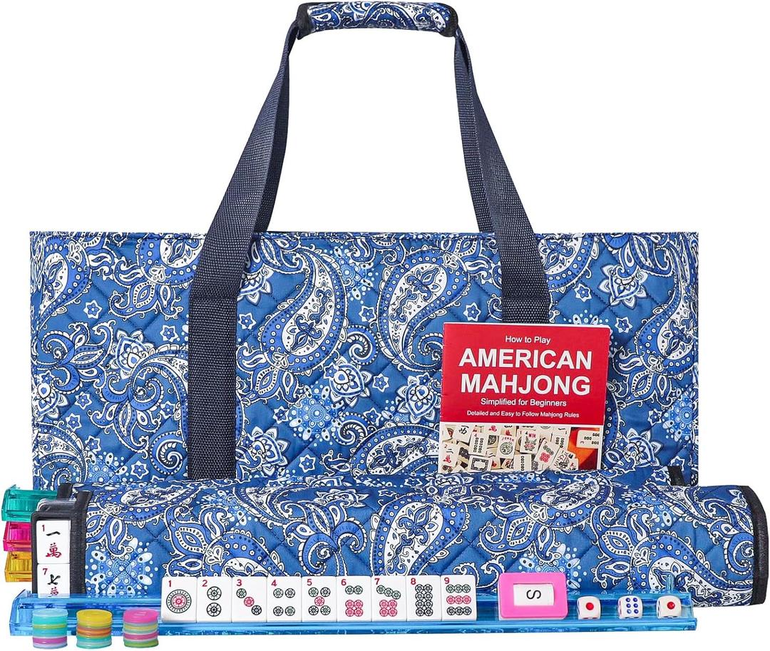 American Mahjong Game Set, 166 Quality White Tiles, 4 All-in-One Color Rack/Pushers, Mahjong Tile Set with Blue Printed Carrying Bag, 9 inches x 20 inches x 3 inches