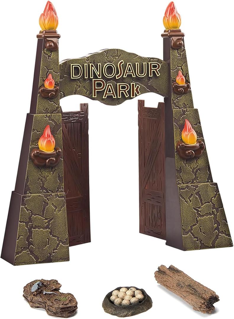 12inches Realistic Dinosaur Park Gate with Log, Nest of Eggs, Stone, Great Addition to Dino Toys, Dinosaur Truck or RC Dinosaur Toys