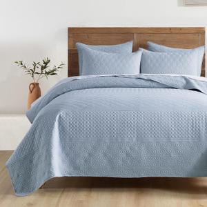 HORIMOTE HOME Light Blue Queen Size Quilt Set - Soft Microfiber Bedspread with 2 Shams, Lightweight & All-Season Geometric Coverlet for Cozy Bedding (Full/Queen(90" x 96"))