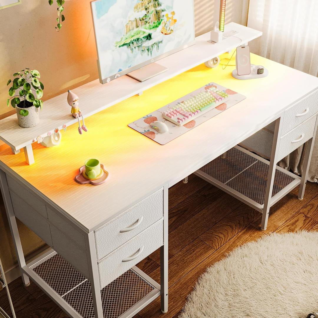 Huuger 55 inch Computer Desk with 4 Drawers, Gaming Desk with LED Lights & Power Outlets, Home Office Desk with Large Storage Space for Bedroom, Work from Home, White