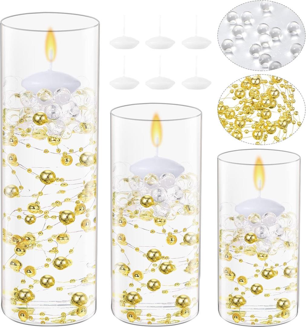 Shihanee 15 Pcs Clear Glass Cylinder Vases Centerpiece Flower Vase Candle Holder for Centerpiece Wedding Party Decor with Candles Faux Pearls String and Beads (Gold)