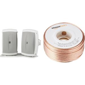Yamaha NS-AW150WH 2-Way Indoor/Outdoor Speakers (Pair, White) and Amazon Basics 16-Gauge Speaker Wire - 100 Feet Bundle
