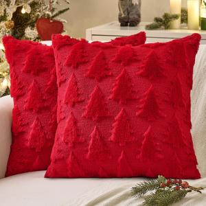 MIULEE Christmas Throw Pillow Covers Red Christmas Decorations Set of 2 Xmas Tree 18x18 Pillow Covers Soft Plush Faux Wool Pillowcases Holiday Festivals Winter Home Decor Sofa Couch Bed Porch